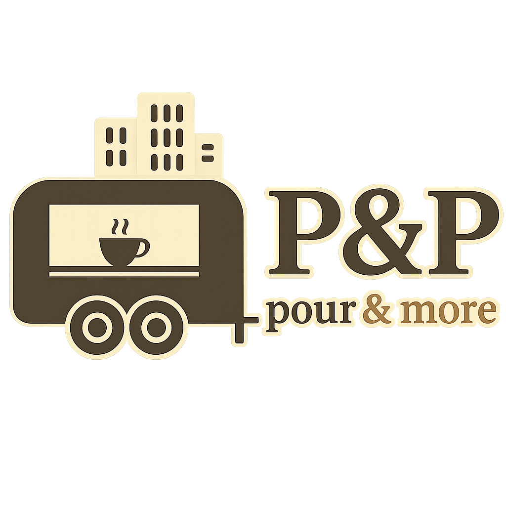P&P Pour & More logo. A food truck with a cityscape above it and a coffee cup in the window.