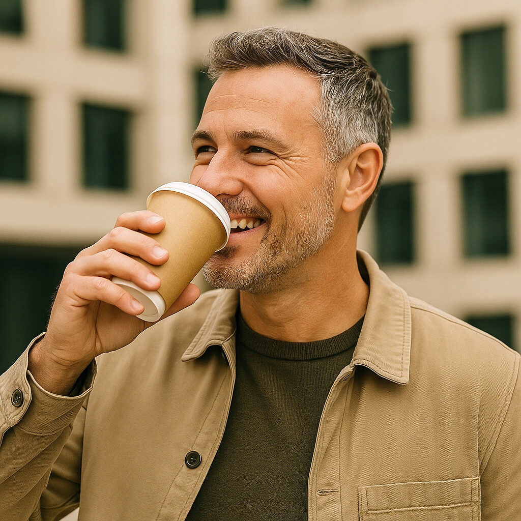 Smiling man with gray hair enjoying a coffee outside near a building with window panes.