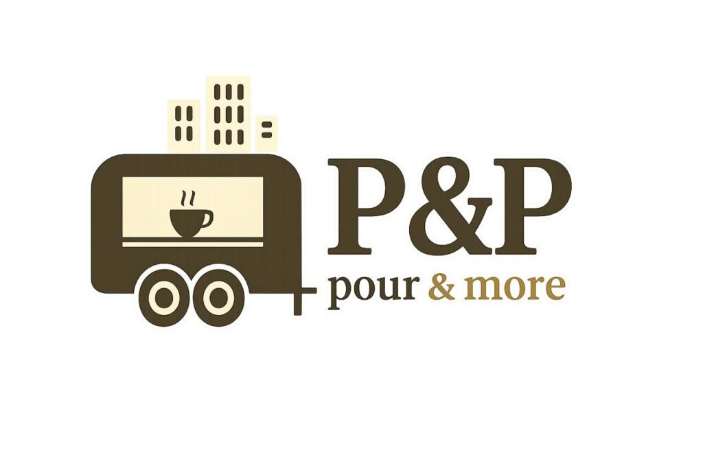 P&P Pour & More logo with a stylized food truck shape and coffee cup graphic.