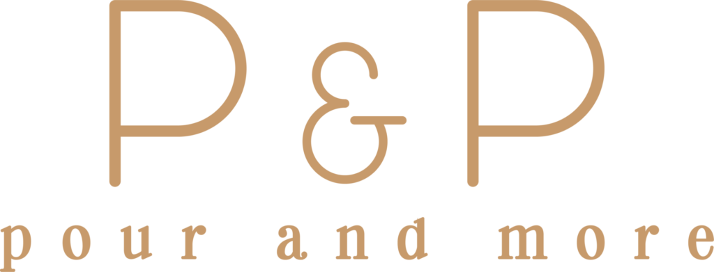 P&P logo, with the text 'pour and more' below, in a light brown sans-serif font against a black background.